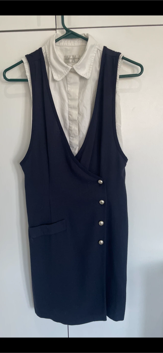 Fairweather Sleeveless Navy Dress with White Collared Shirt