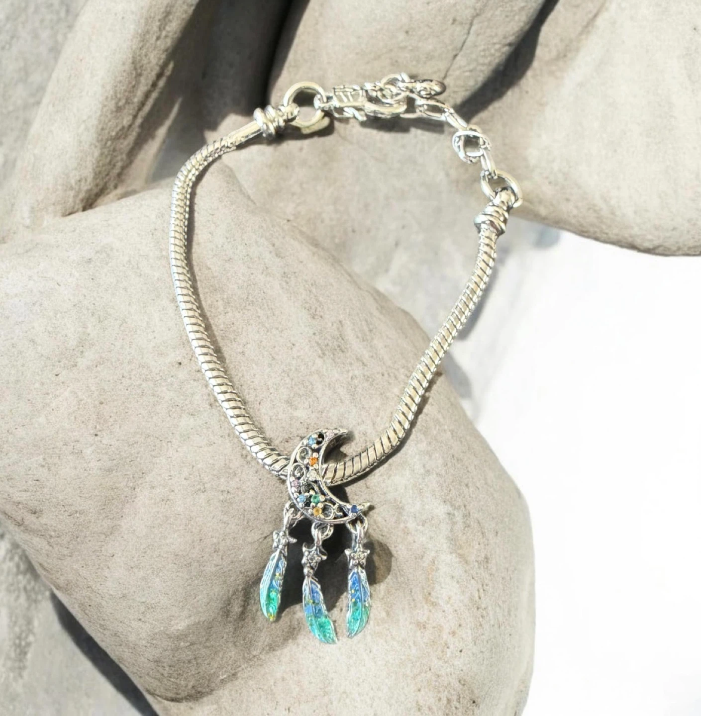 Moon and Feather Charm Bracelet