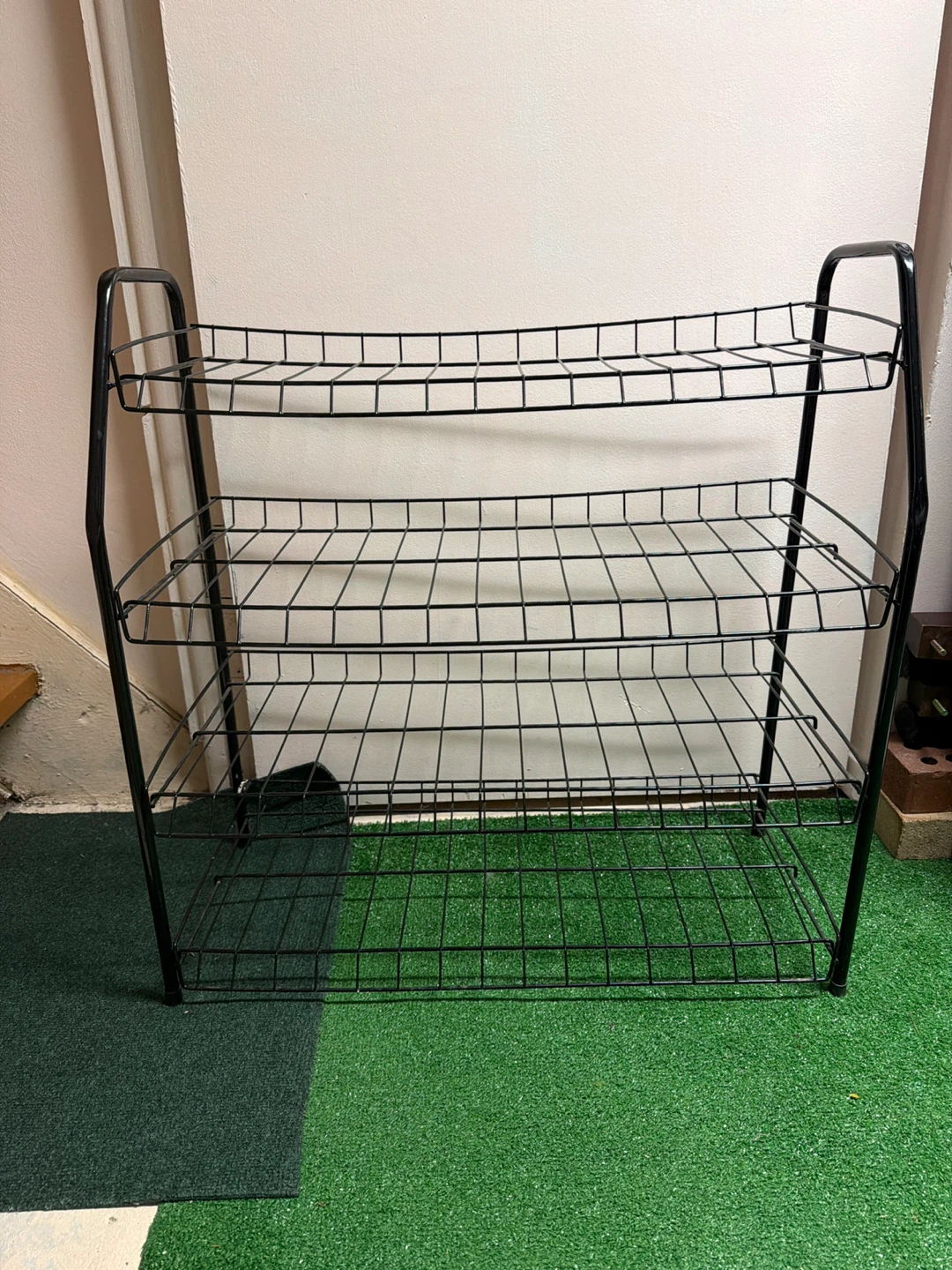 Black 4-Tier Wire Shoe Rack. 26” x  26” x 12”