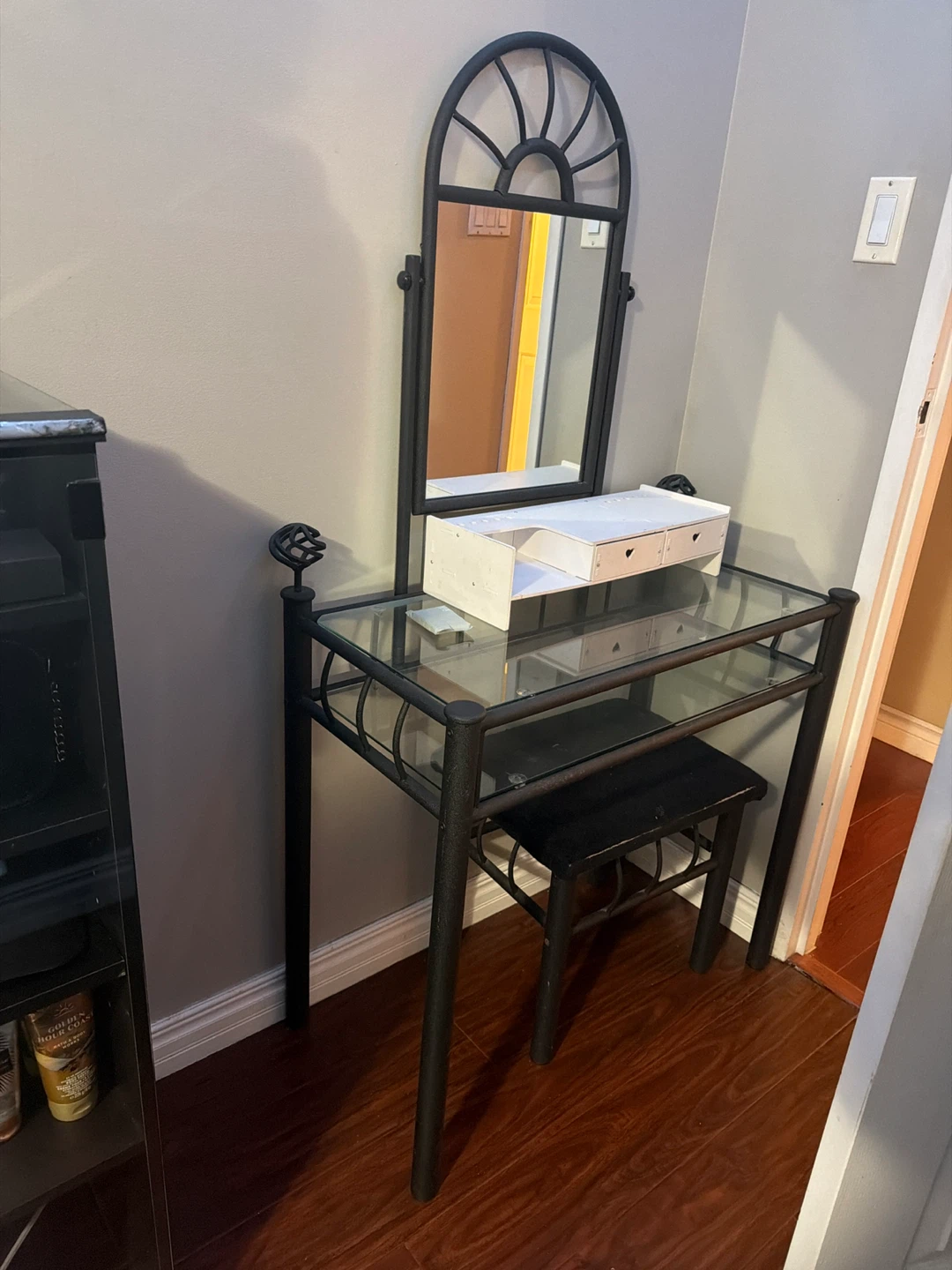 Glass Vanity Desk with Mirror and Stool