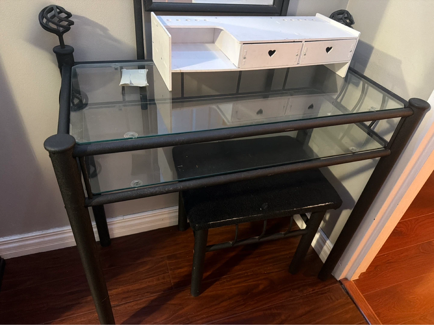 Glass Vanity Desk with Mirror and Stool - photo 2