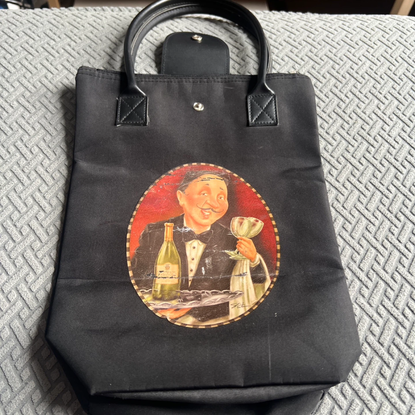 Black Wine Tote Bag with Waiter Graphic