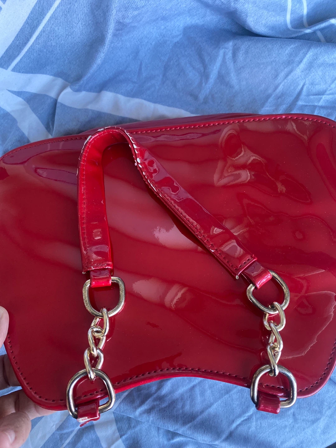 Shiny Red Handbag with Gold Accents - photo 4