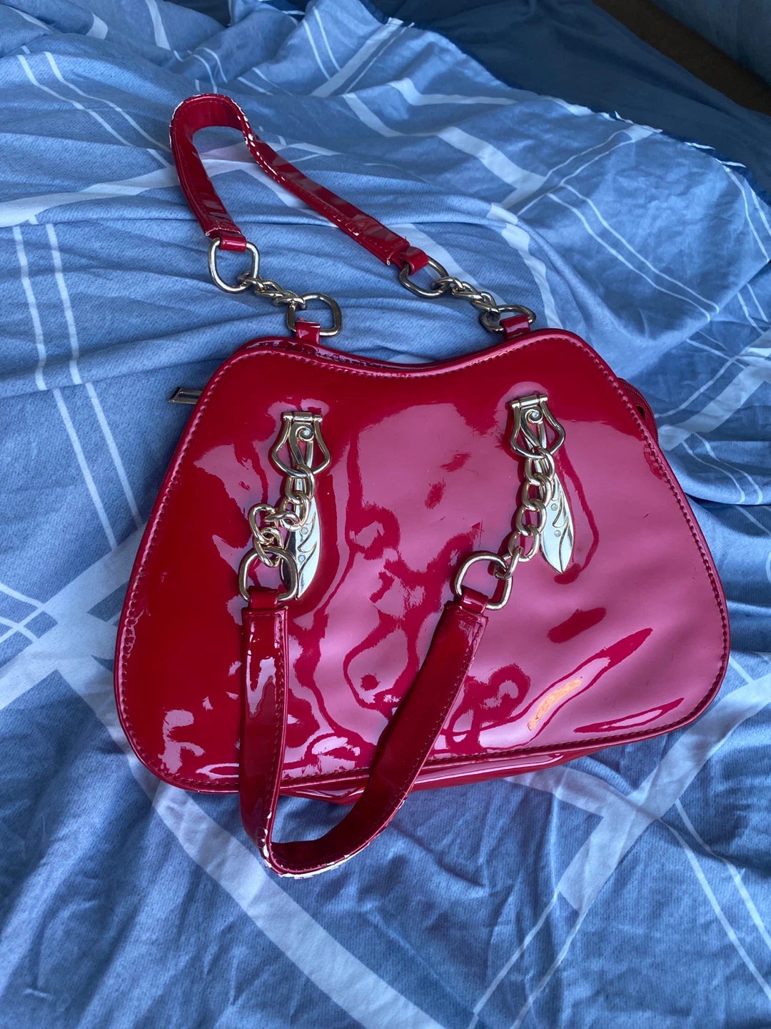 Shiny Red Handbag with Gold Accents - photo 2
