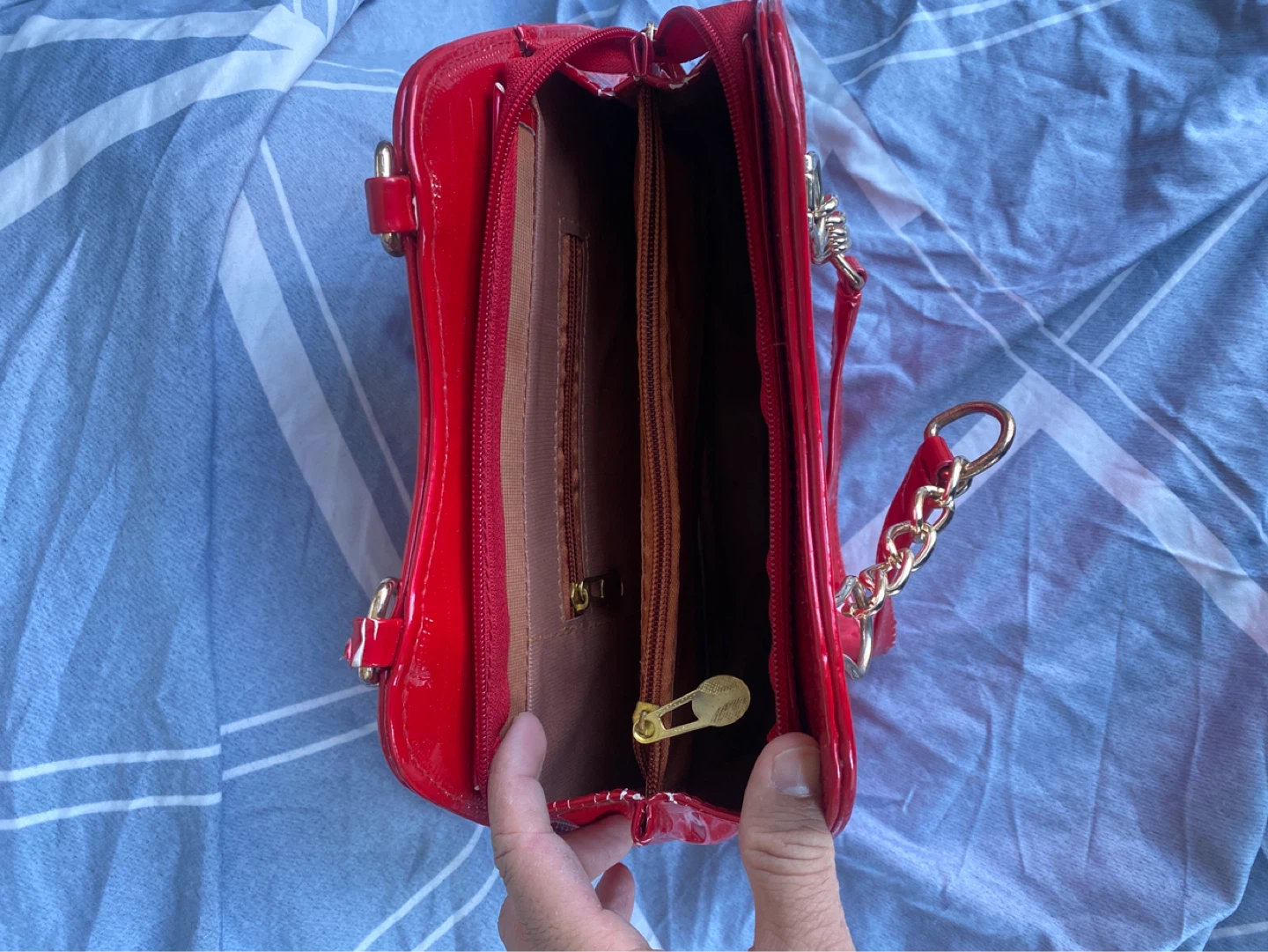 Shiny Red Handbag with Gold Accents - photo 3