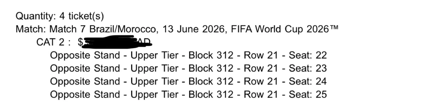 2 Tickets to FIFA World Cup 2026 Match 7 Brazil/Morocco