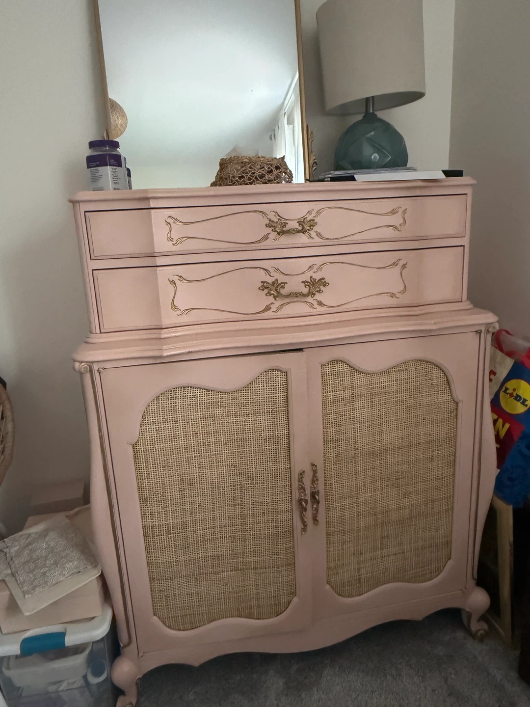 Pink French Provincial Dresser with Cane Doors