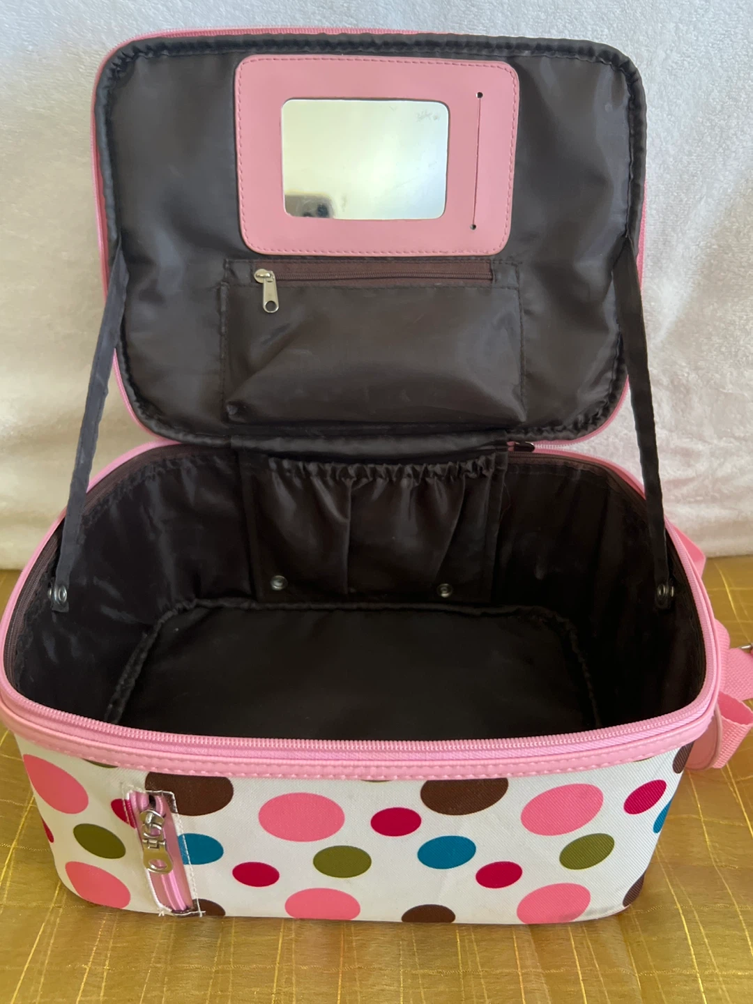 Pink polka dot makeup train case with mirror - photo 2