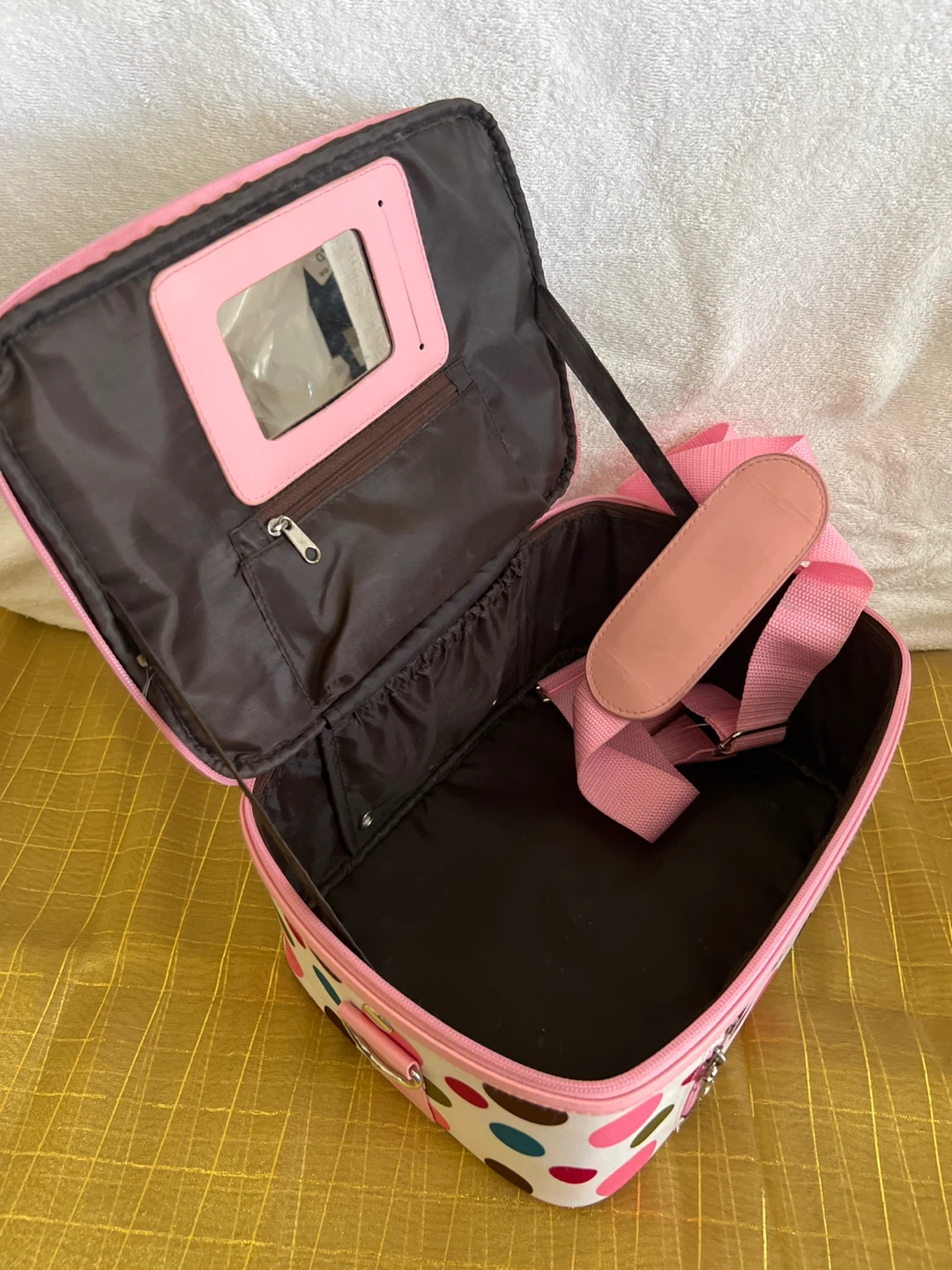 Pink polka dot makeup train case with mirror - photo 4