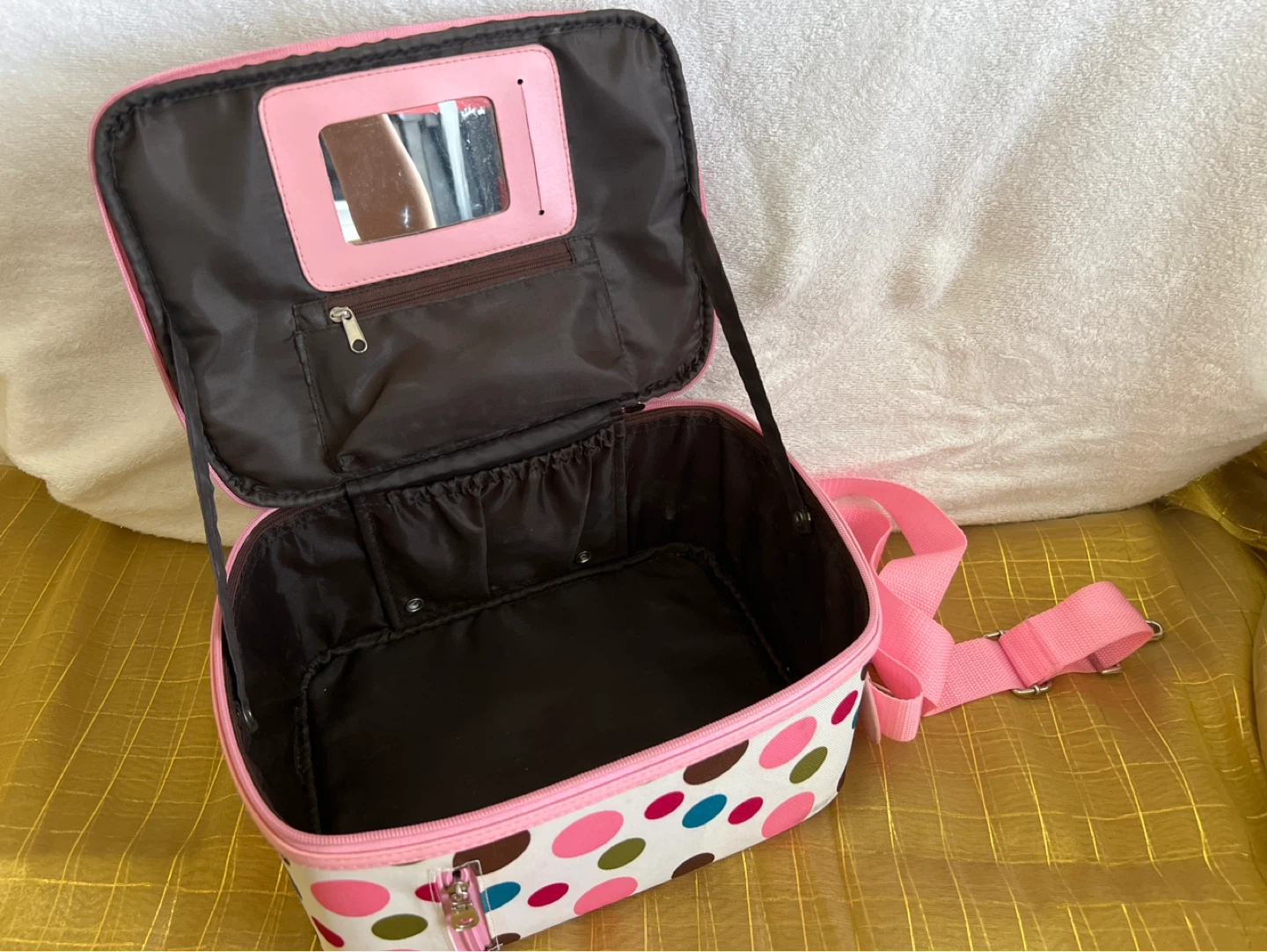 Pink polka dot makeup train case with mirror - photo 3