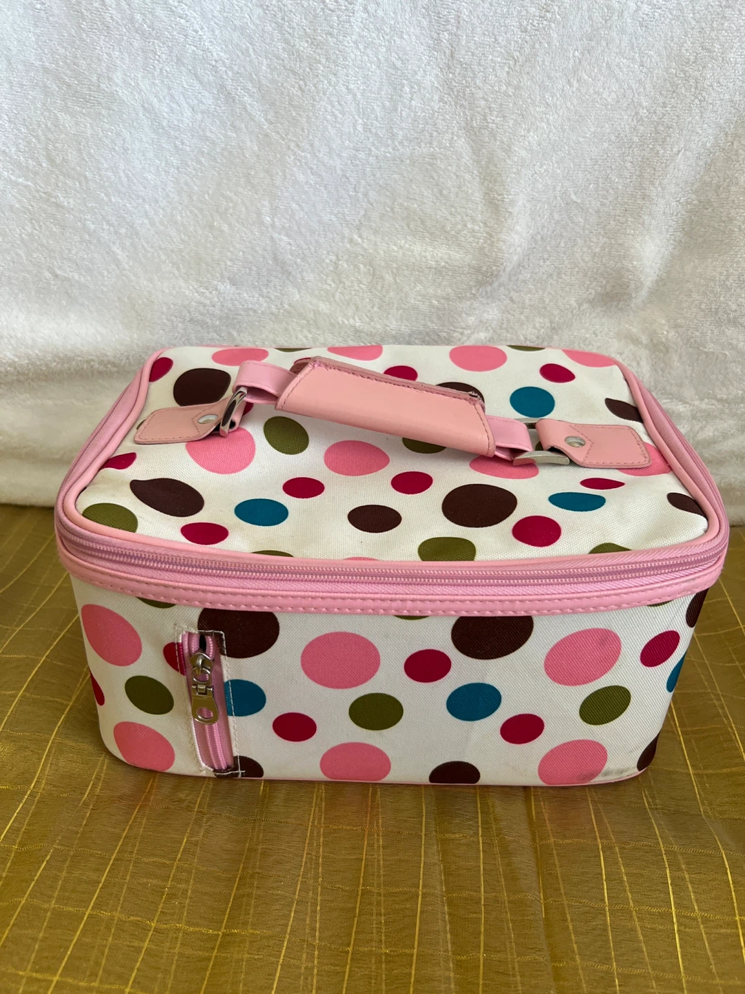 Pink polka dot makeup train case with mirror