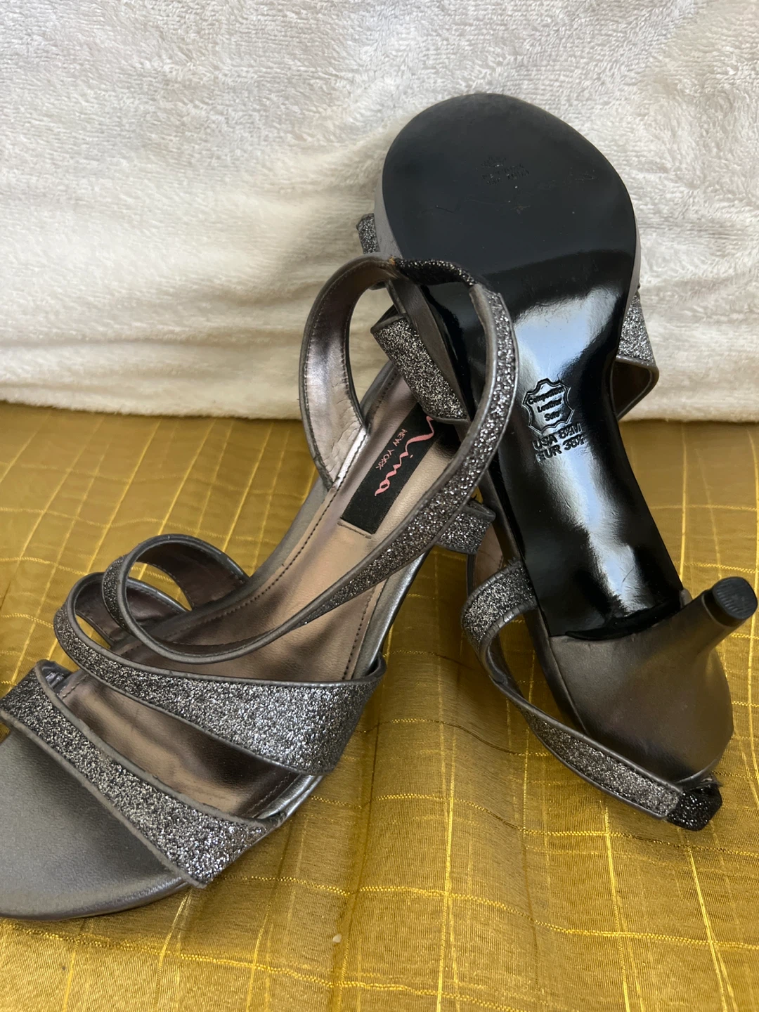 Nina Silver Glitter Strappy Heels Size 8.5