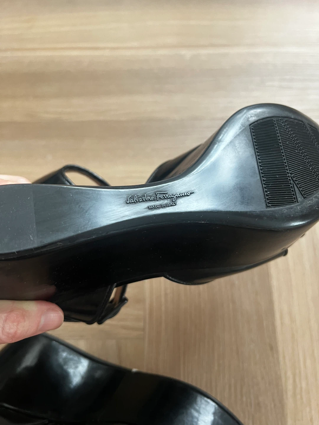 Salvatore Ferragamo Black Patent Wedge Sandals Size 7.5 - photo 2