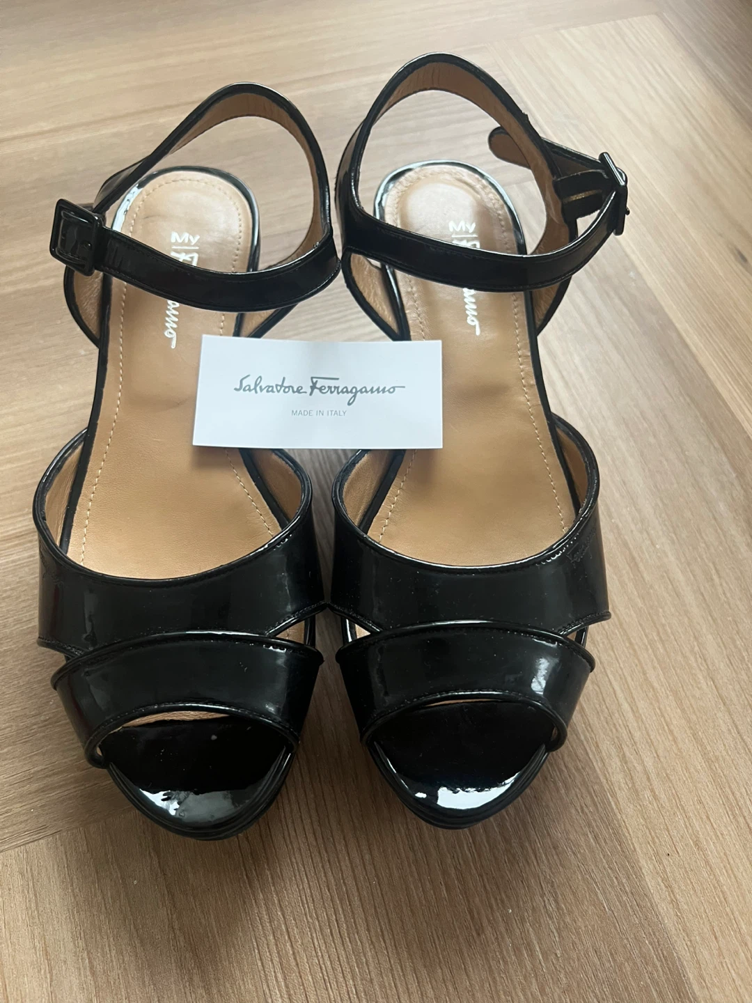 Salvatore Ferragamo Black Patent Wedge Sandals Size 7.5
