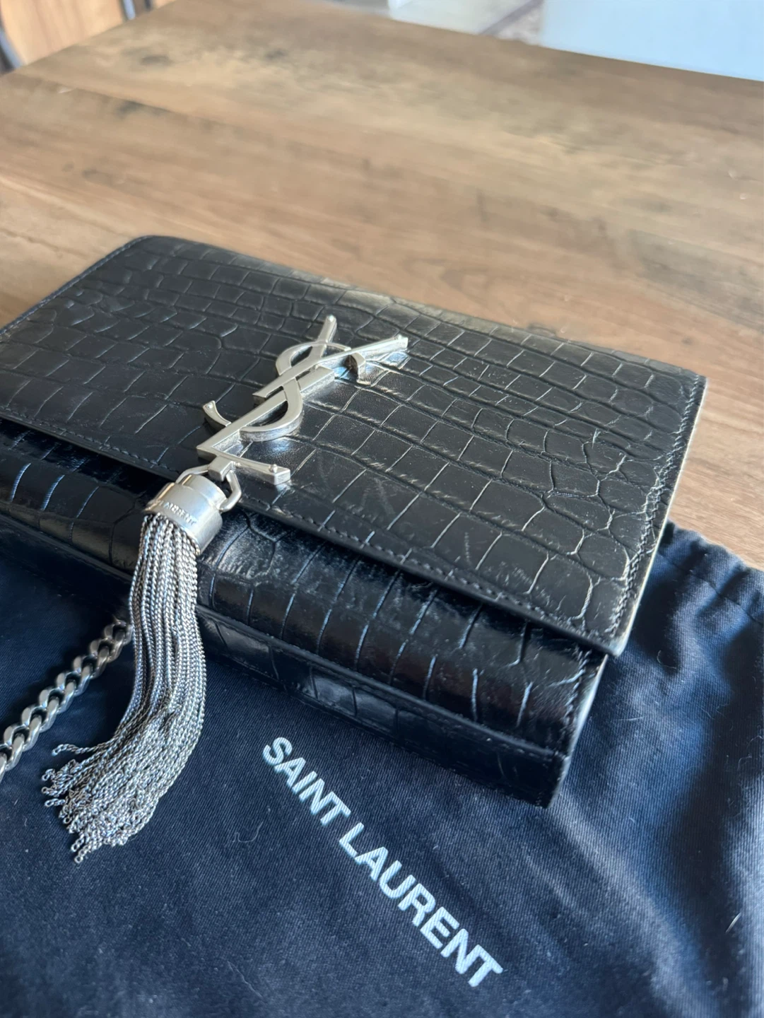 AUTHENTIC Saint Laurent Black Croc Medium Kate Tassel Bag - photo 5
