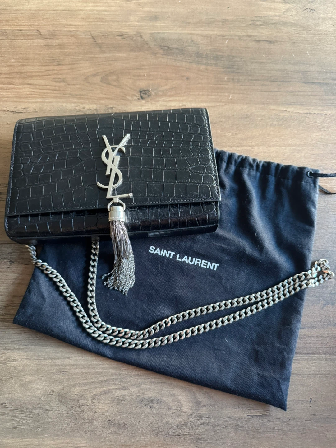 AUTHENTIC Saint Laurent Black Croc Medium Kate Tassel Bag - photo 4