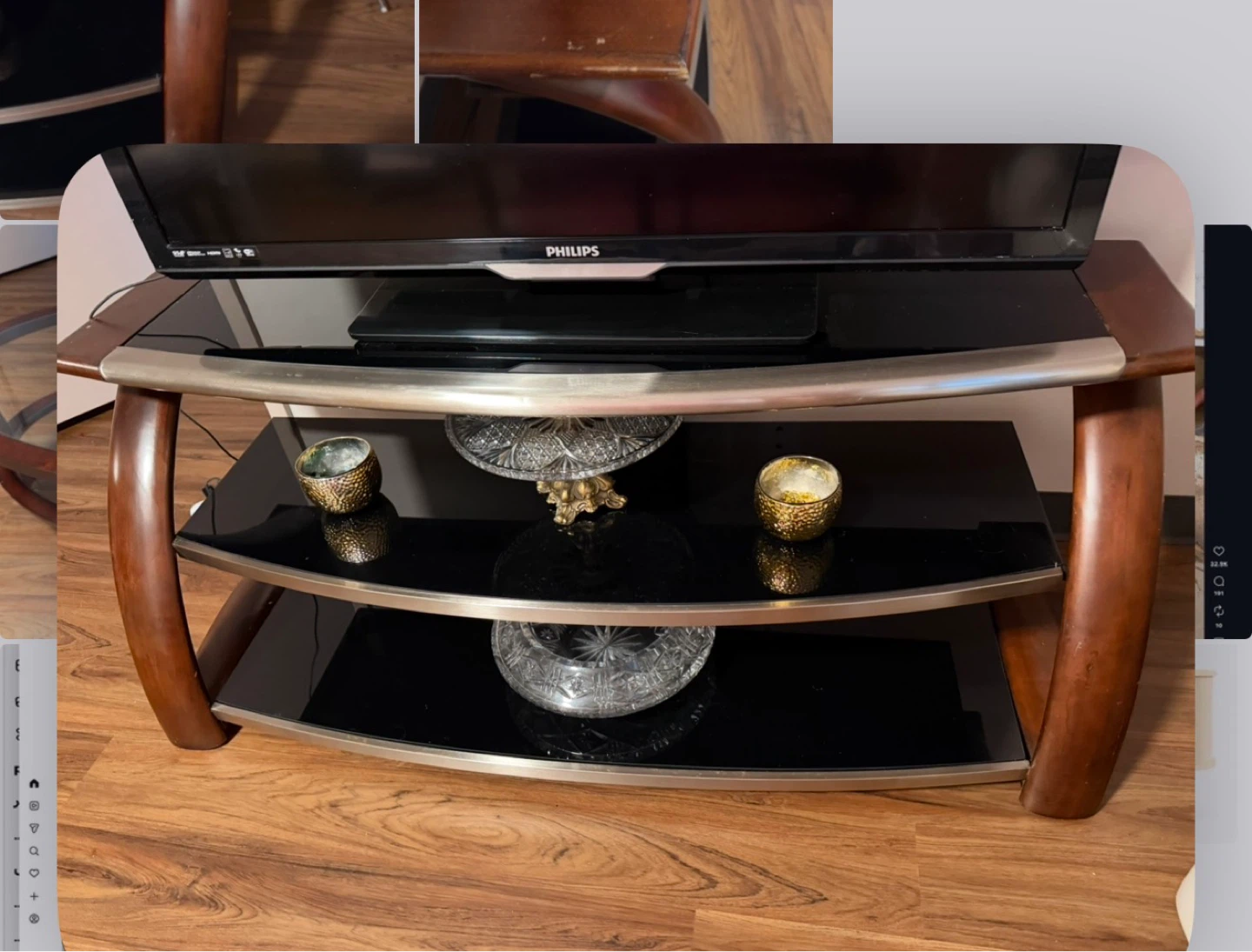 Curved Glass TV Stand with Wood Accents