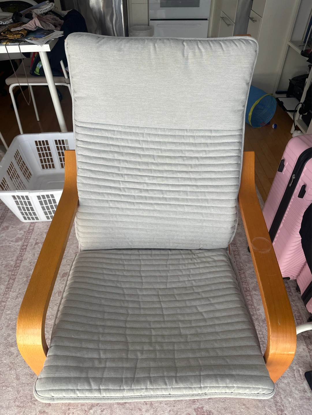 Grey IKEA Upholstered Accent Chair with Wooden Frame