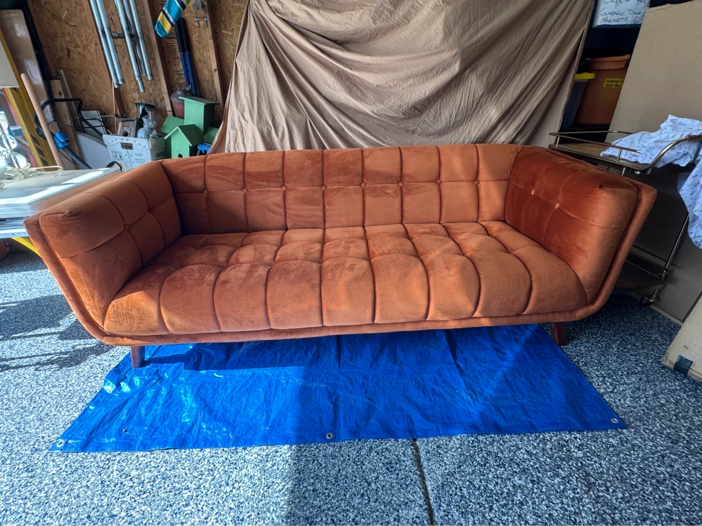 Orange Velvet Tufted Sofa