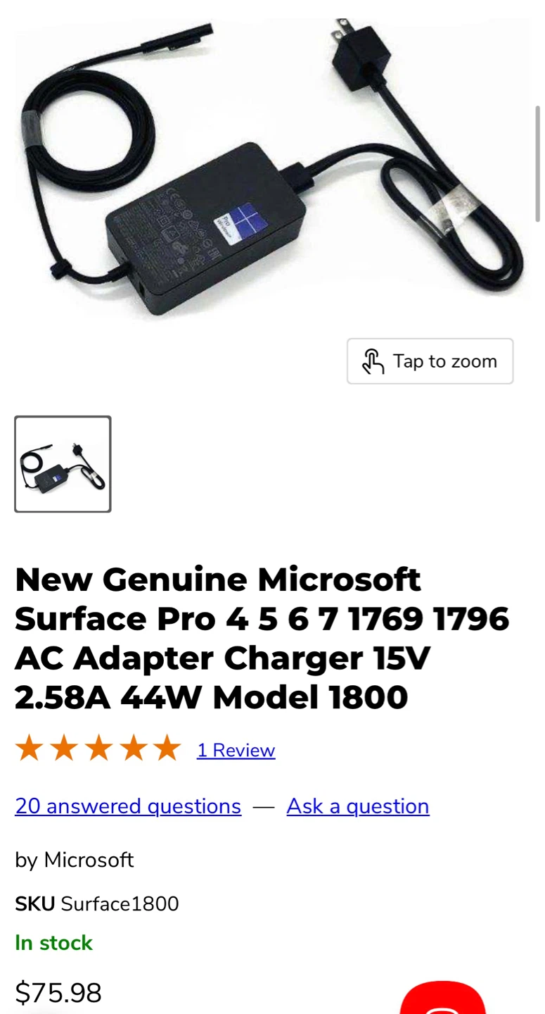 Microsoft Surface Pro 4 5 6 7 1769 1796 Charger 1800