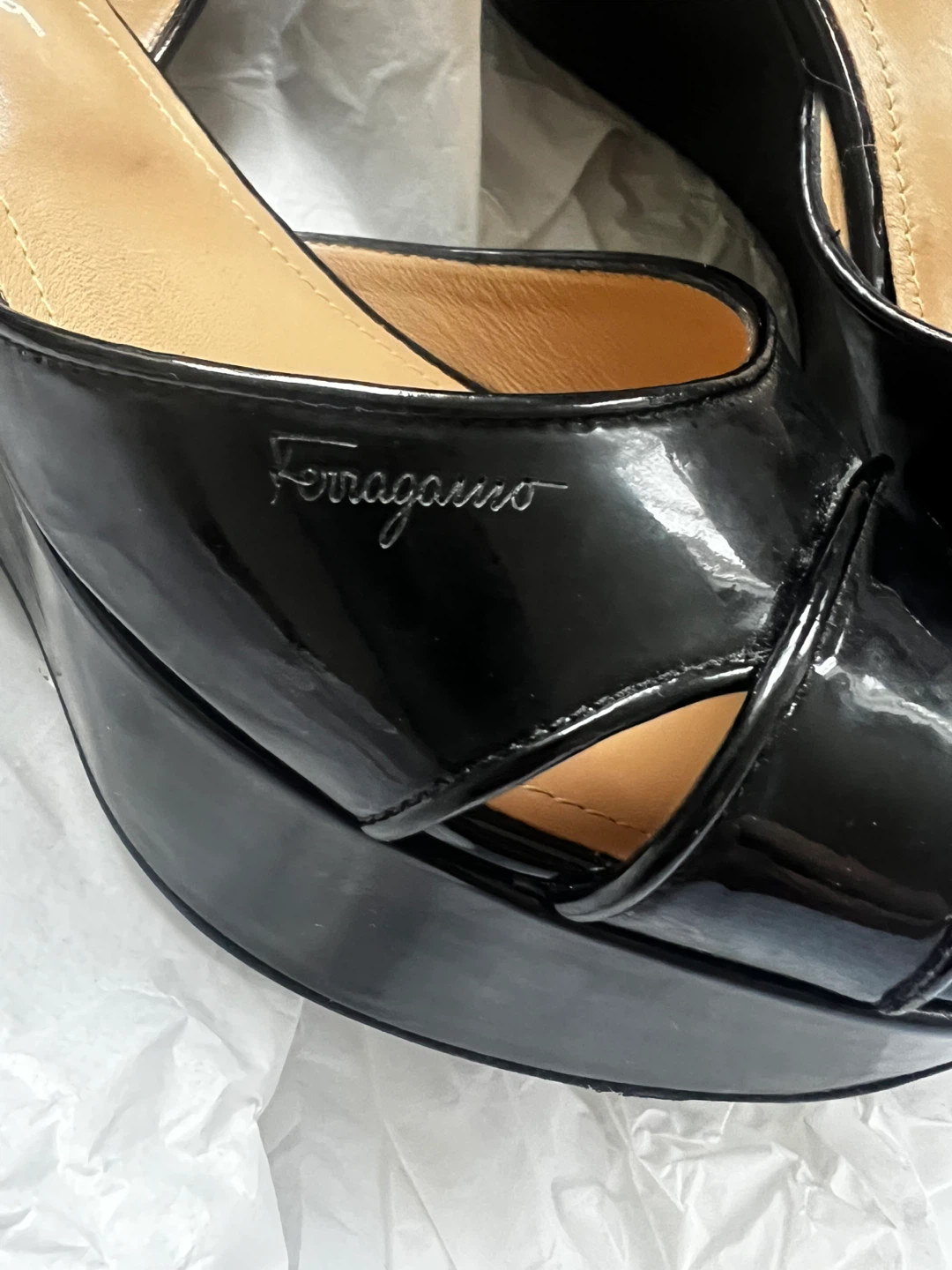 Salvatore Ferragamo Black Patent Wedge Sandals Size 7.5 - photo 5