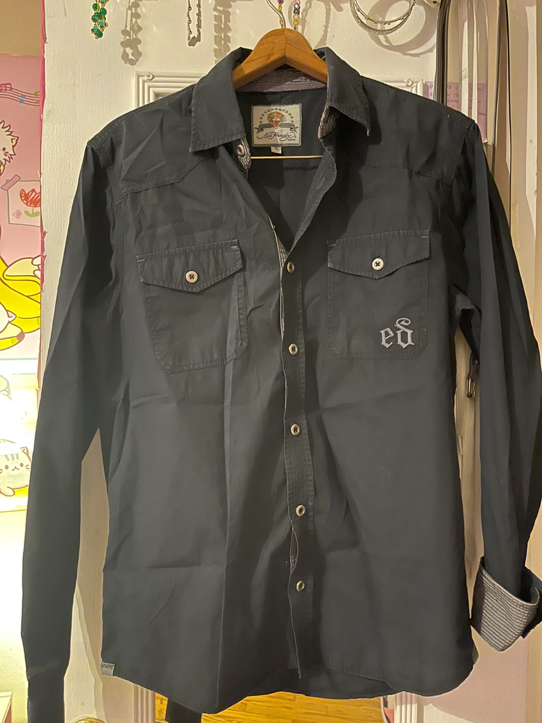Ed Hardy Black Embellished Long Sleeve Button-Up Shirt Size S - photo 3