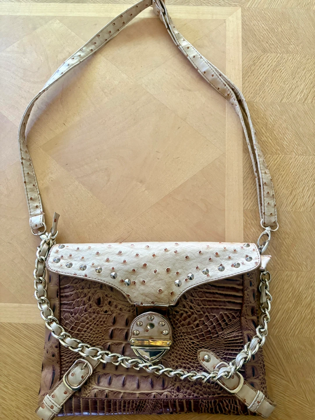 Brown Crocodile Embossed Handbag with Studded Flap