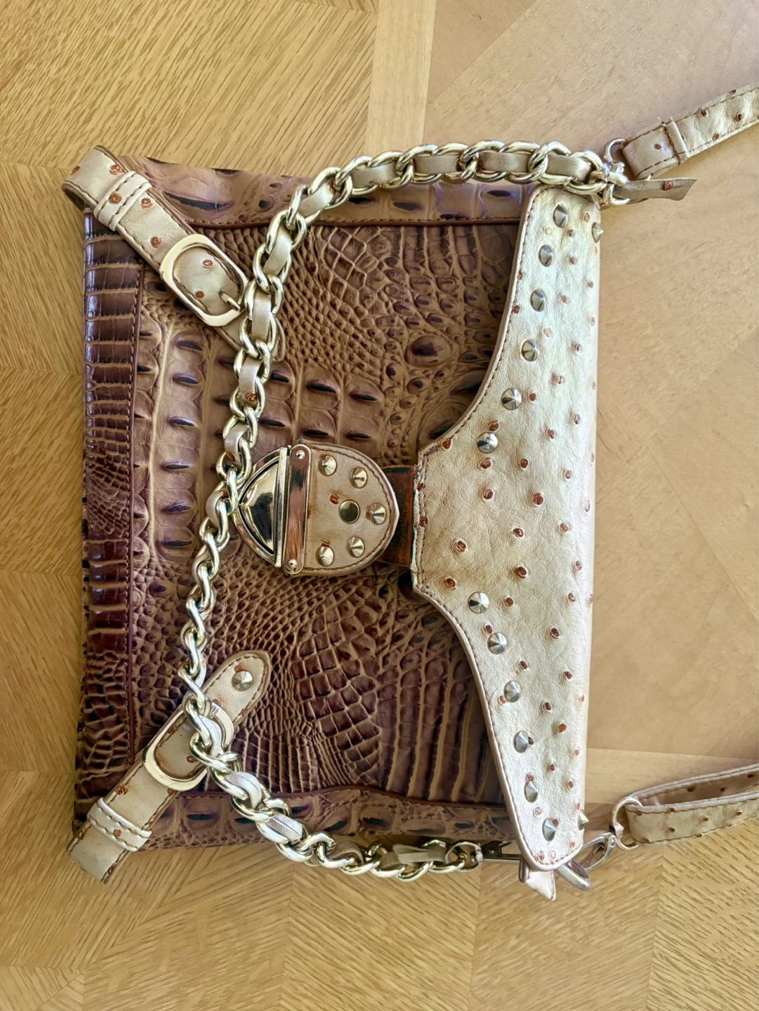 Brown Crocodile Embossed Handbag with Studded Flap - photo 3