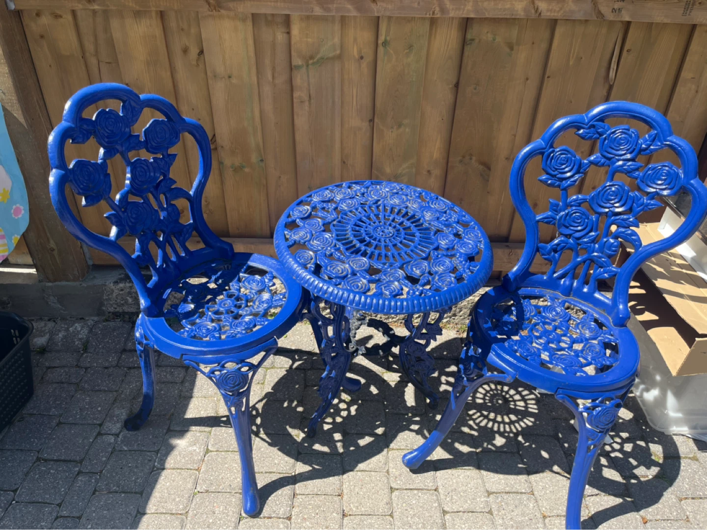 Blue Cast Iron Bistro Set with Rose Design