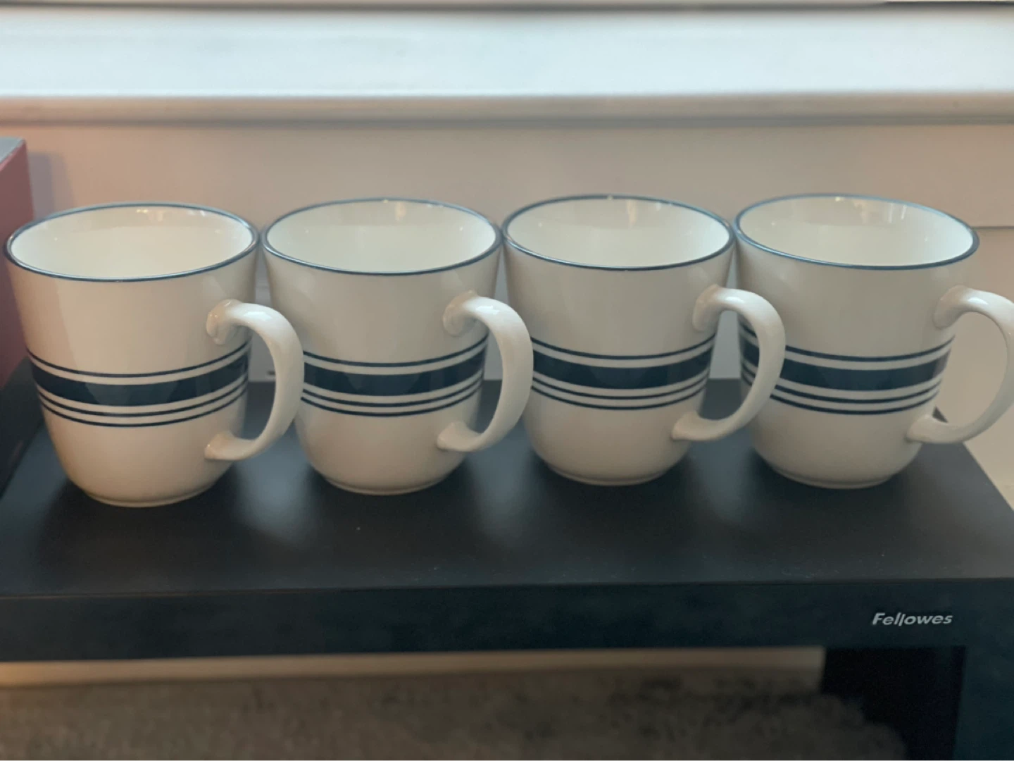 Set of 4 White Mugs with Blue Stripes