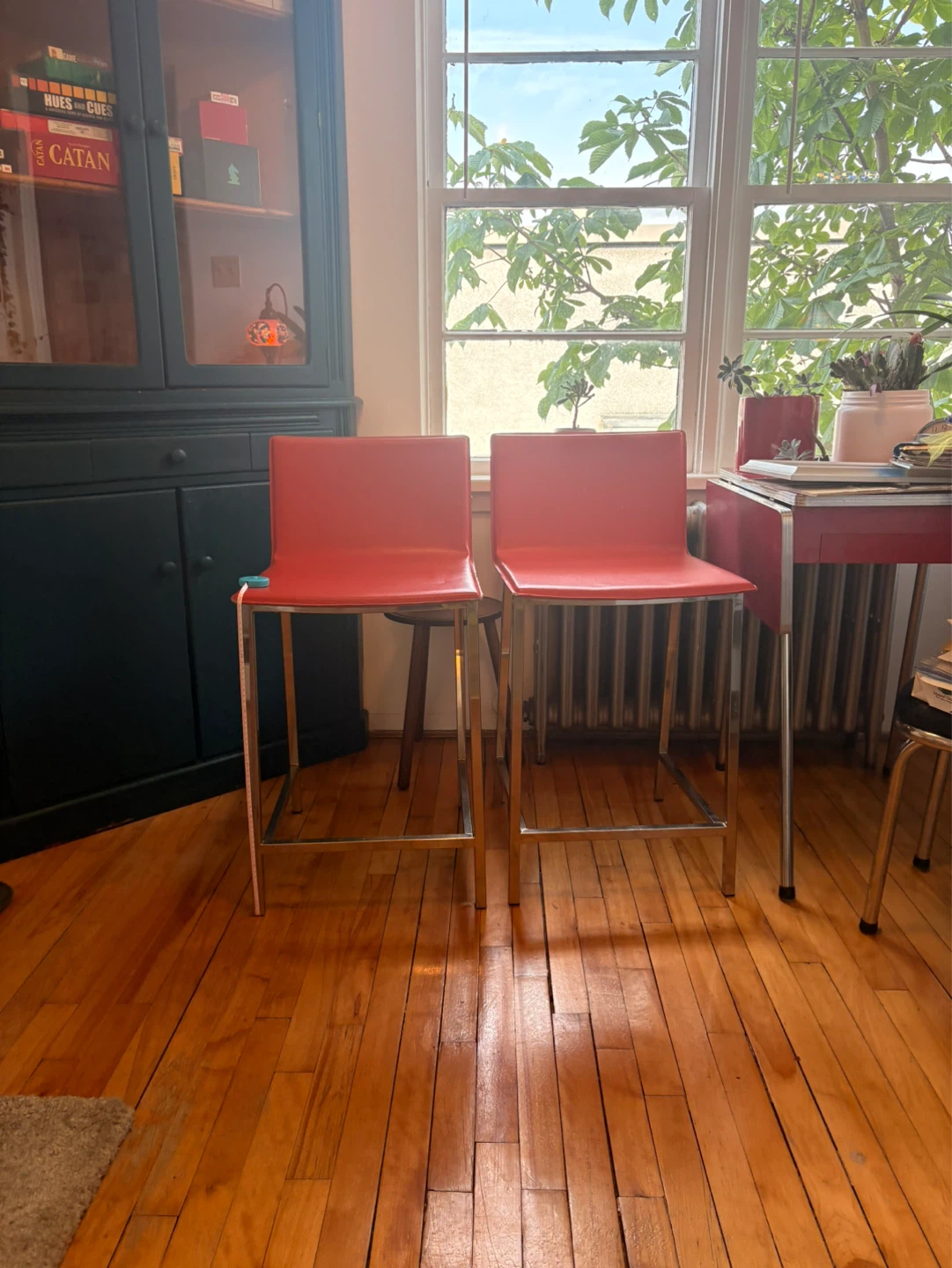 Pair of Red/Orange Leather Bar Stools - photo 4