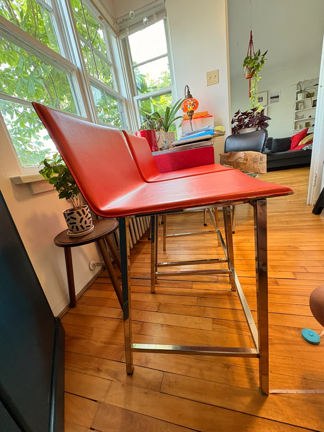 Pair of Red/Orange Leather Bar Stools - photo 2