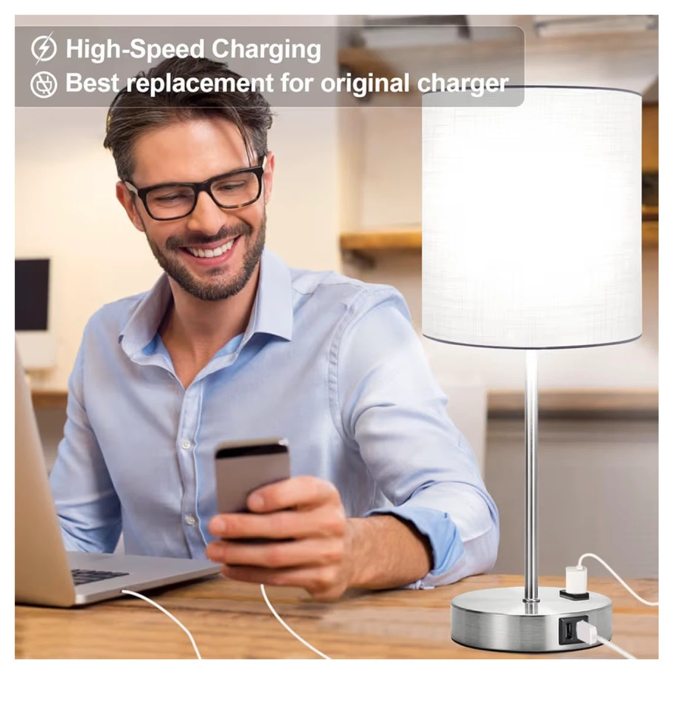Set of 2 Touch Control Table Lamps USB Ports and AC Outlet T32 - photo 5