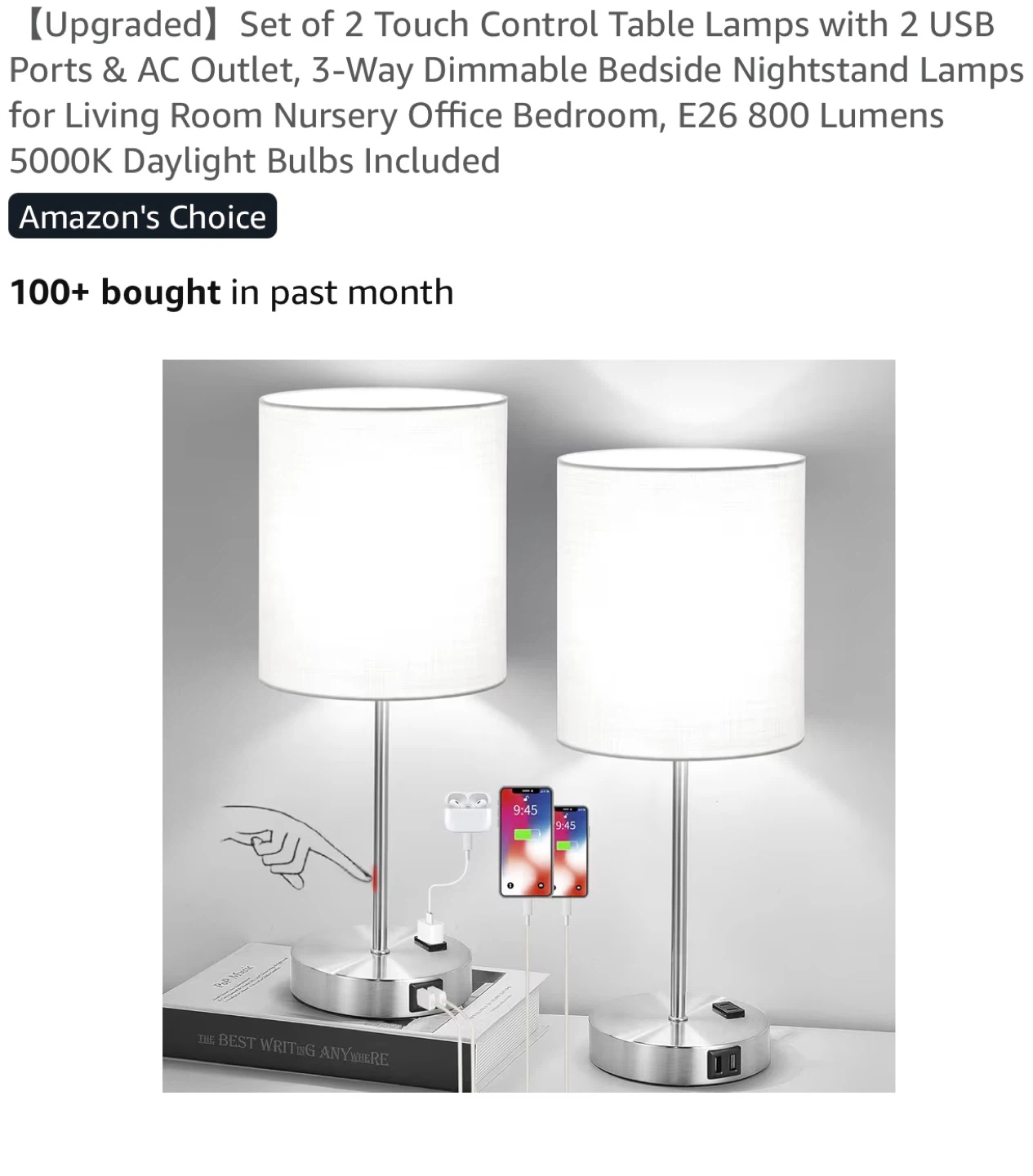 Set of 2 Touch Control Table Lamps USB Ports and AC Outlet T32
