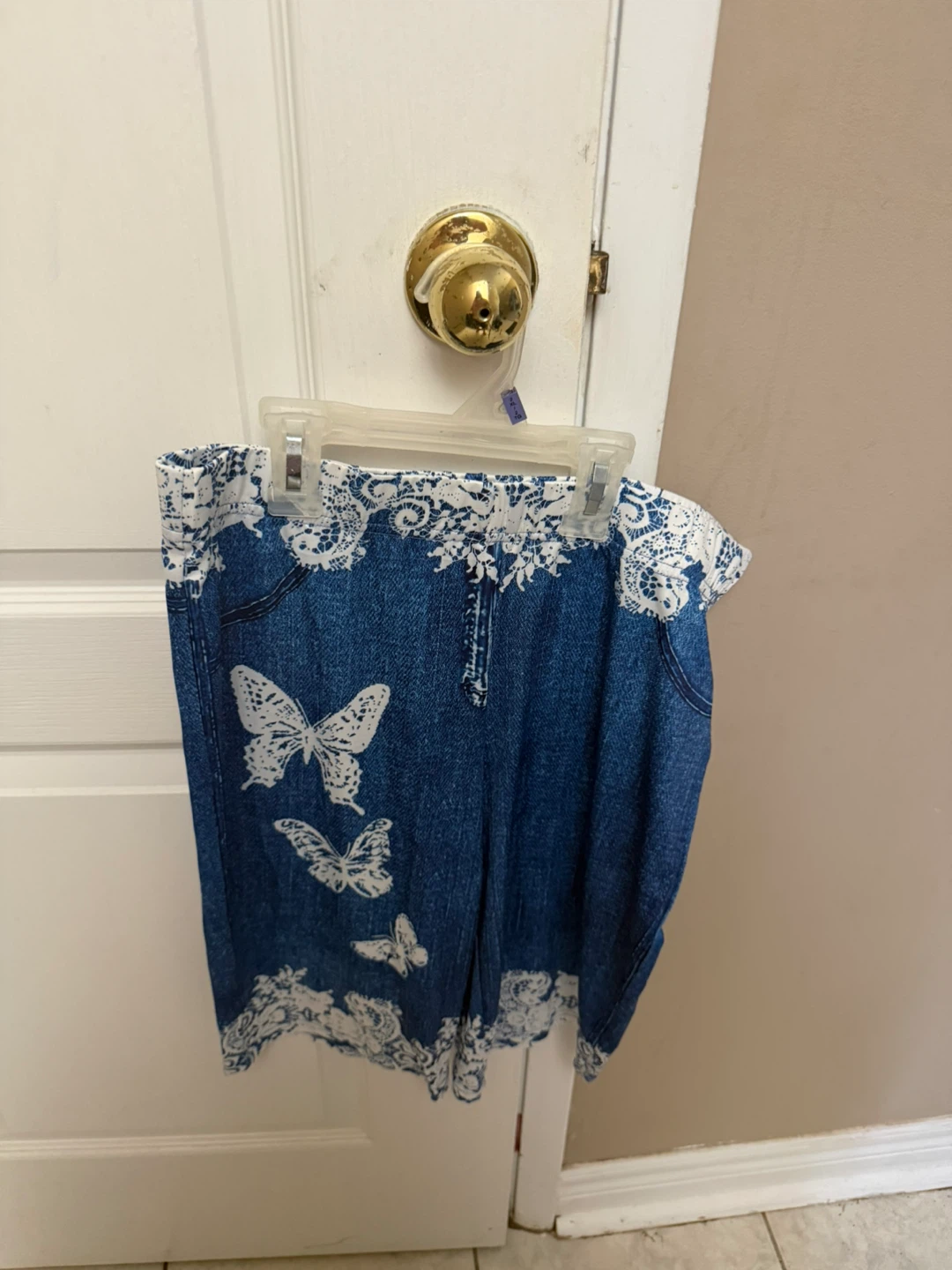 Blue Denim Print Leggings with Butterflies and Lace Trim