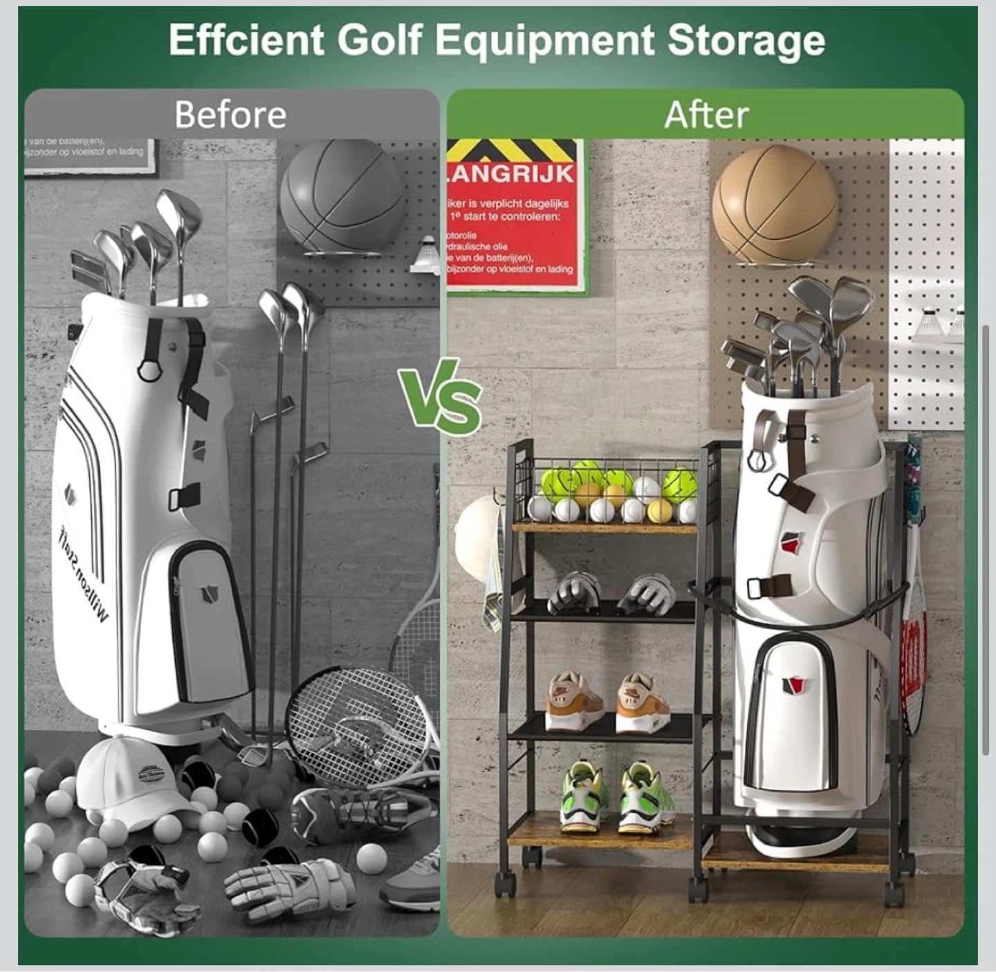 Golf Bag Garage Storage Organizer with Wheels GG8 - photo 4