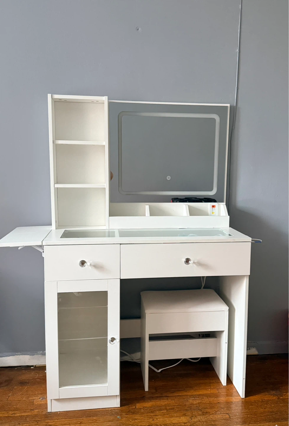 White Vanity Set with LED Mirror and Stool