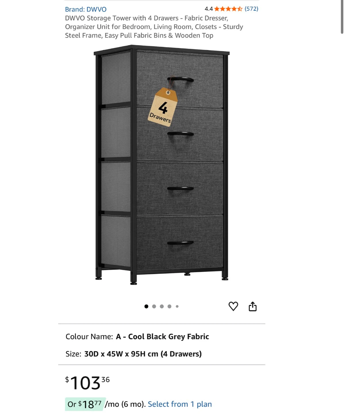 DWVO 4 Drawer Storage Tower - Cool Black Grey Fabric