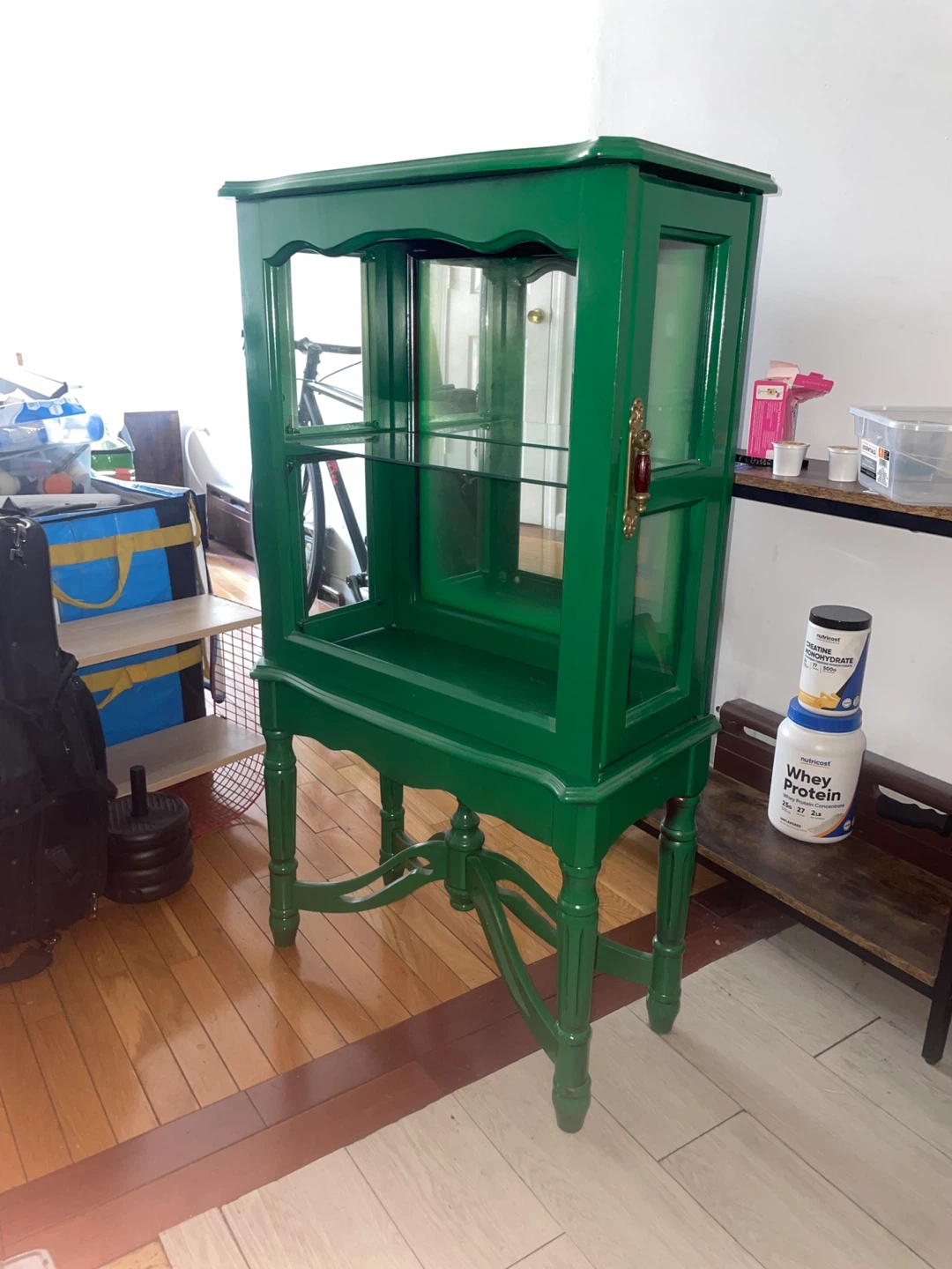 MUST GO 5/31 Green Wooden Display Cabinet Glass Shelves