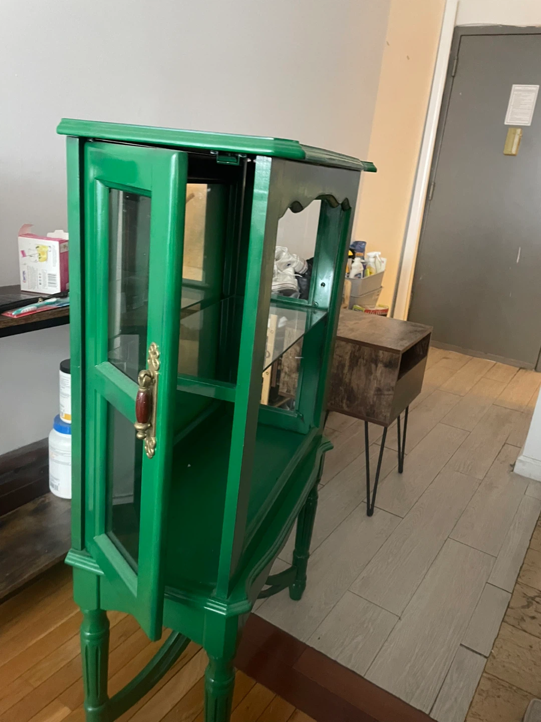 MUST GO 5/31 Green Wooden Display Cabinet Glass Shelves - photo 2