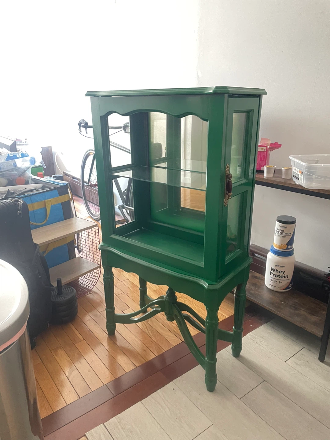 MUST GO 5/31 Green Wooden Display Cabinet Glass Shelves - photo 3