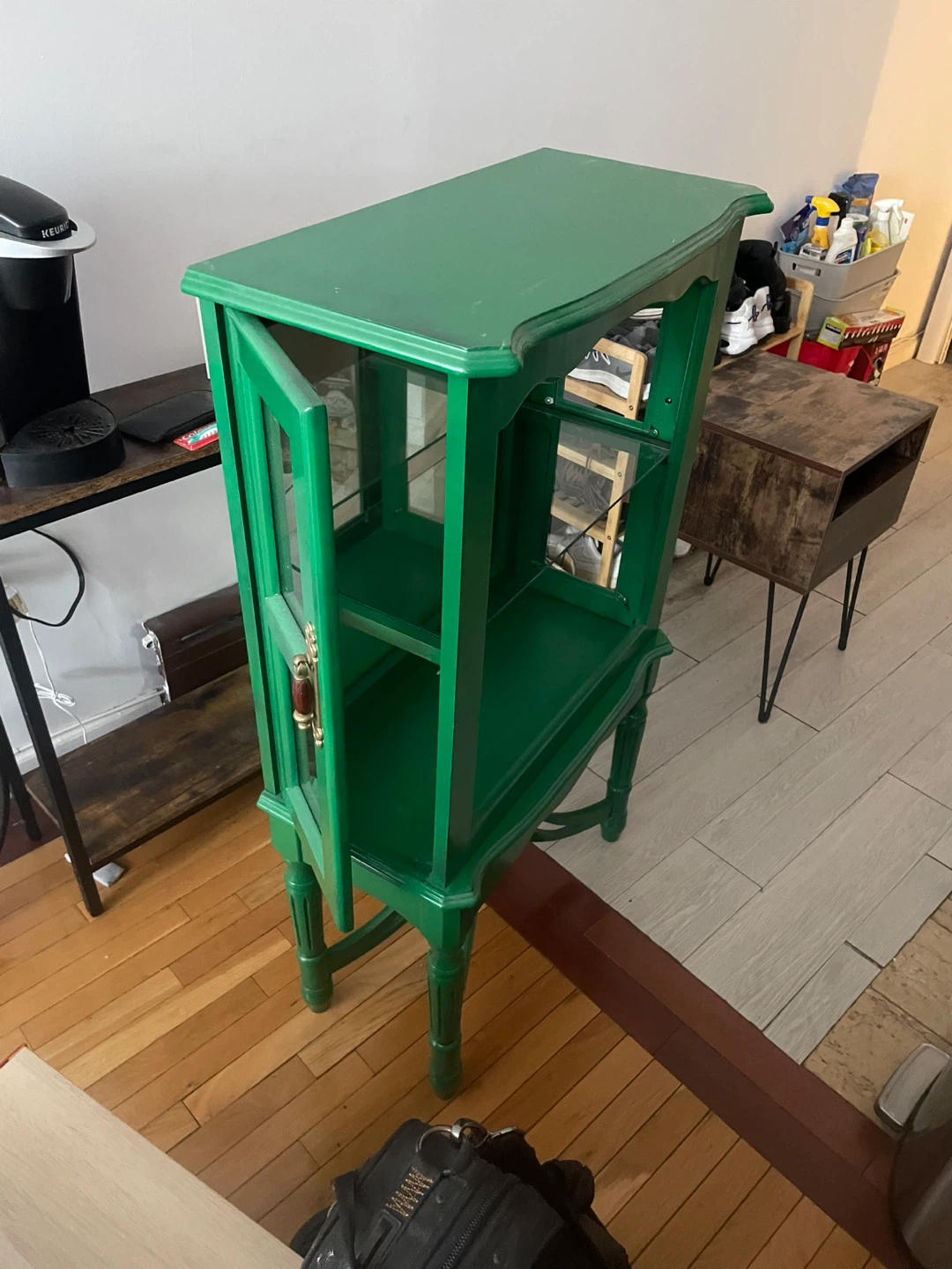 MUST GO 5/31 Green Wooden Display Cabinet Glass Shelves - photo 4