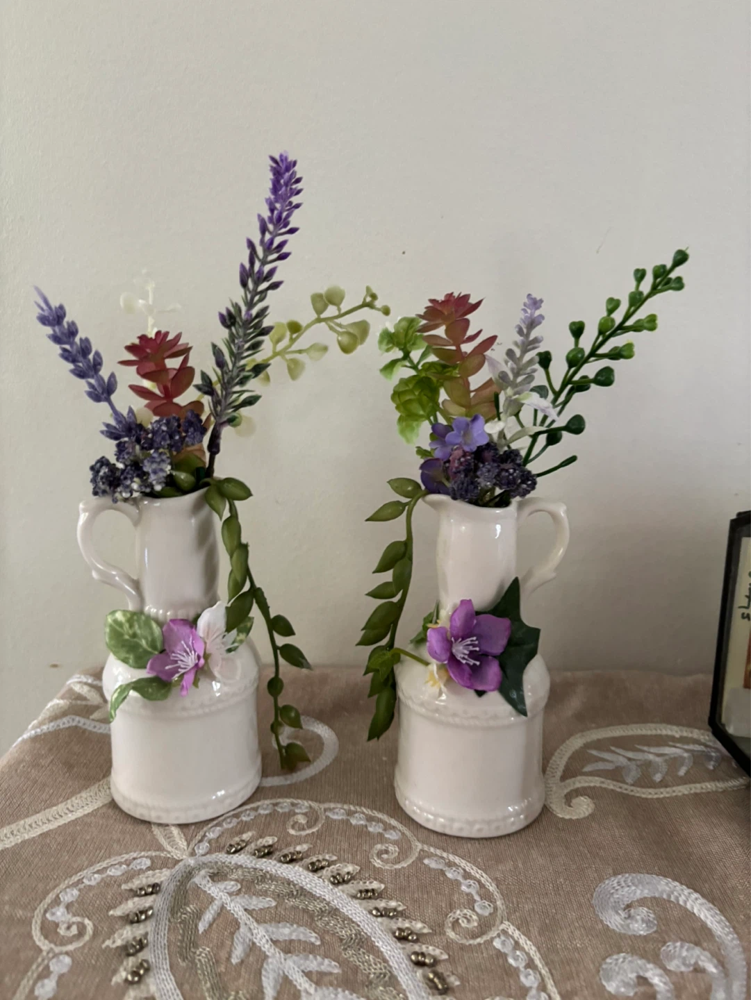 White Decorative Pitcher Vases with Artificial Flowers