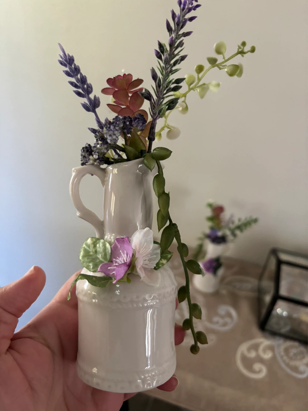 White Decorative Pitcher Vases with Artificial Flowers - photo 4