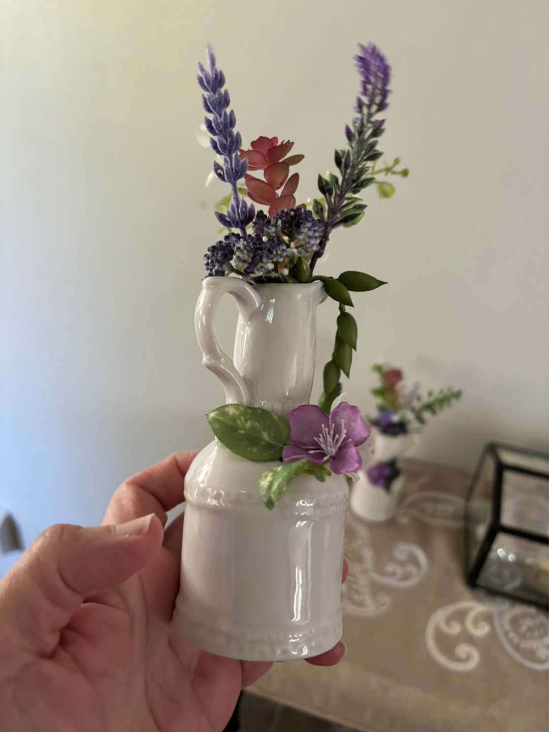 White Decorative Pitcher Vases with Artificial Flowers - photo 3