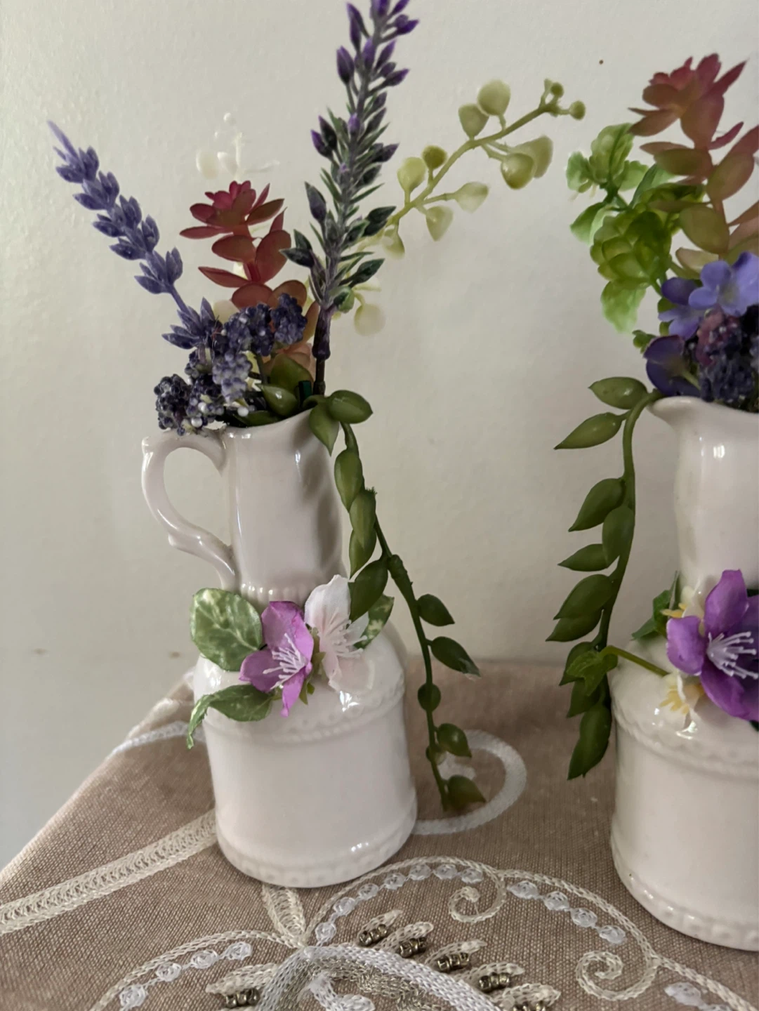 White Decorative Pitcher Vases with Artificial Flowers - photo 2