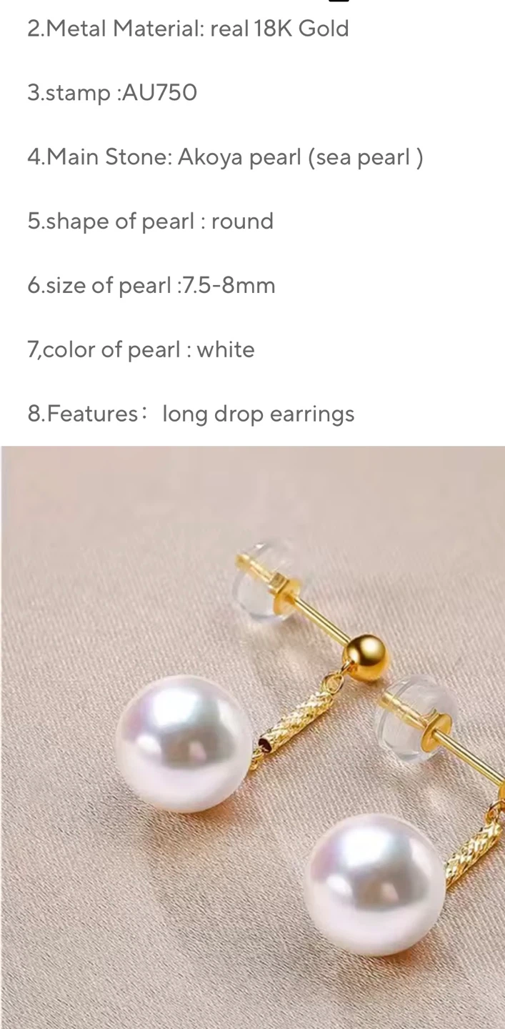 18K Gold Akoya Pearl Drop Earrings 7.5-8mm - photo 3