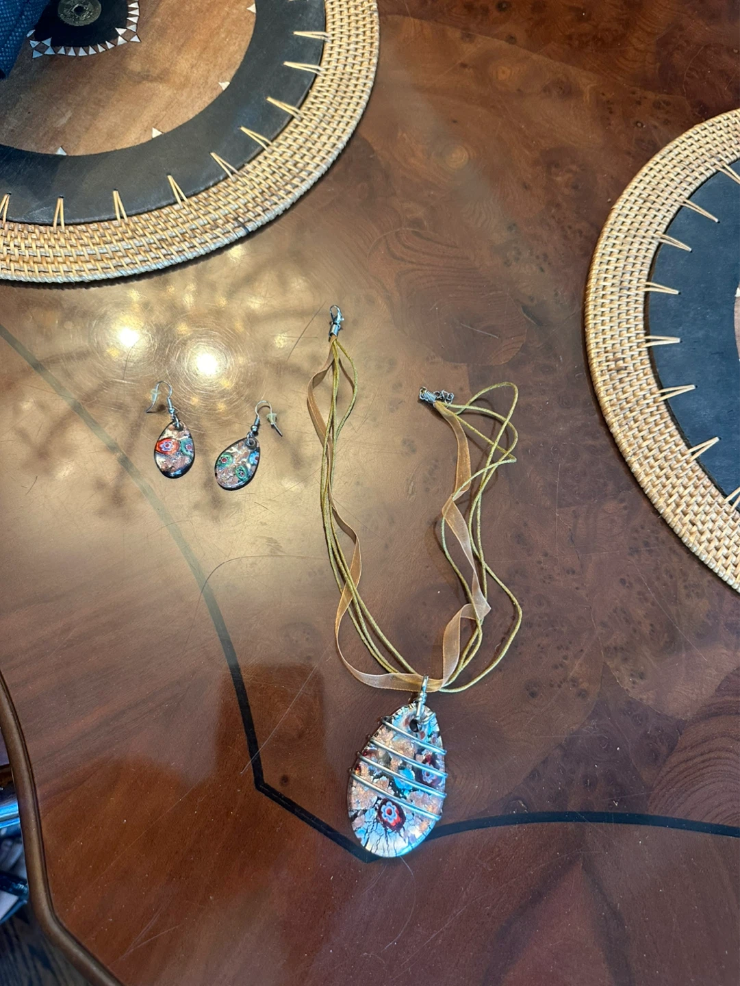 Millefiori Glass Pendant Necklace and Earrings Set