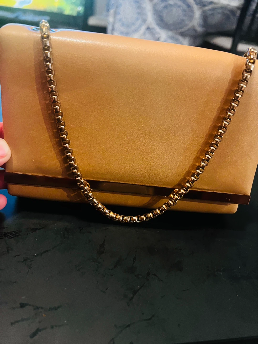 Tan Clutch Handbag with Gold Chain