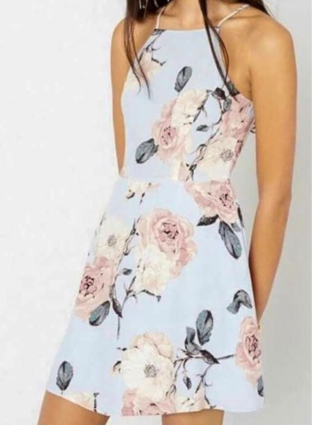 Light Blue Floral Halter Neck Dress - Size Small